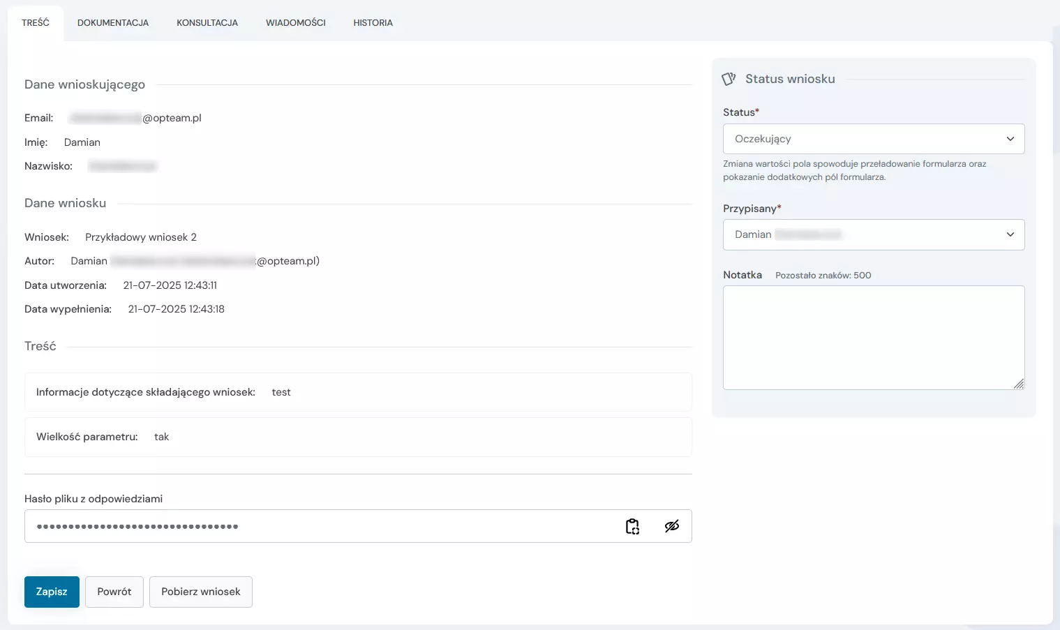 formularz edycji wniosku