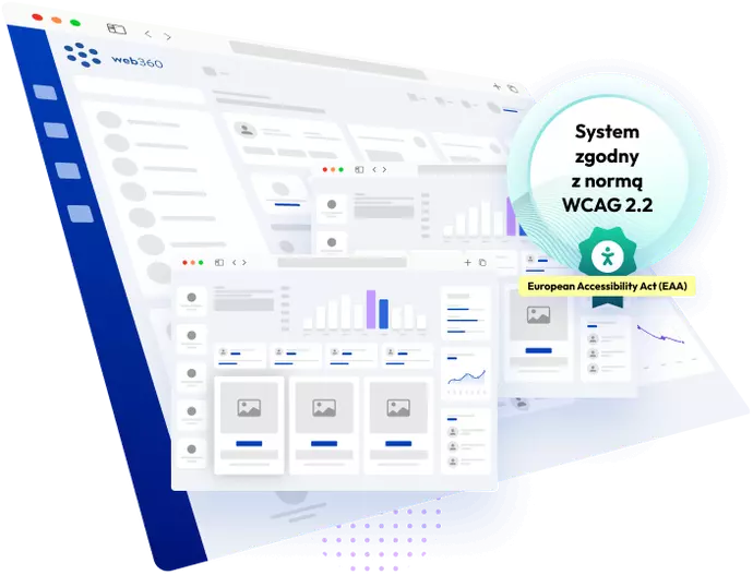 infografika panelu administracyjnego web360 wraz z banerem potwierdzającym zgodność z WCAG