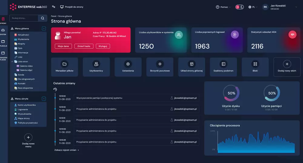 Sekcja główna - ciemny motyw ENTERPRISE