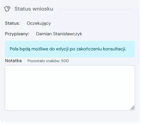 zablokowane pola wniosku będącego w konsultacjach