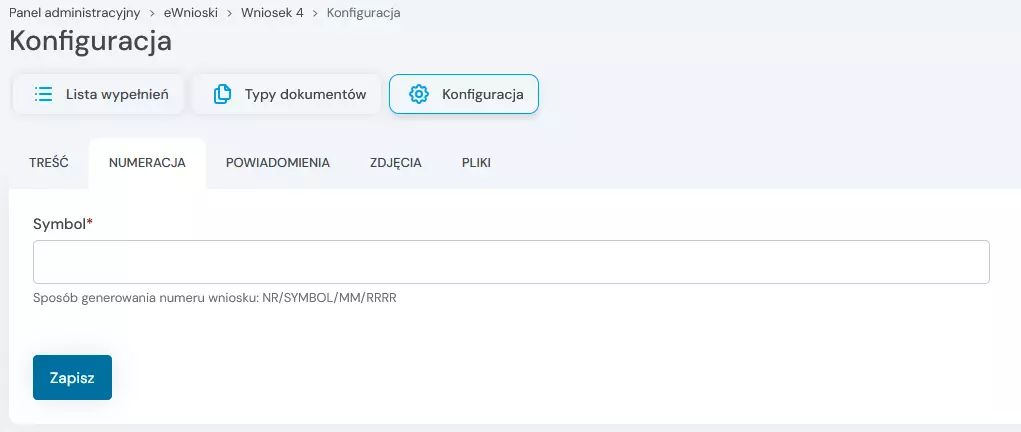 konfiguracja ewniosku - numeracja