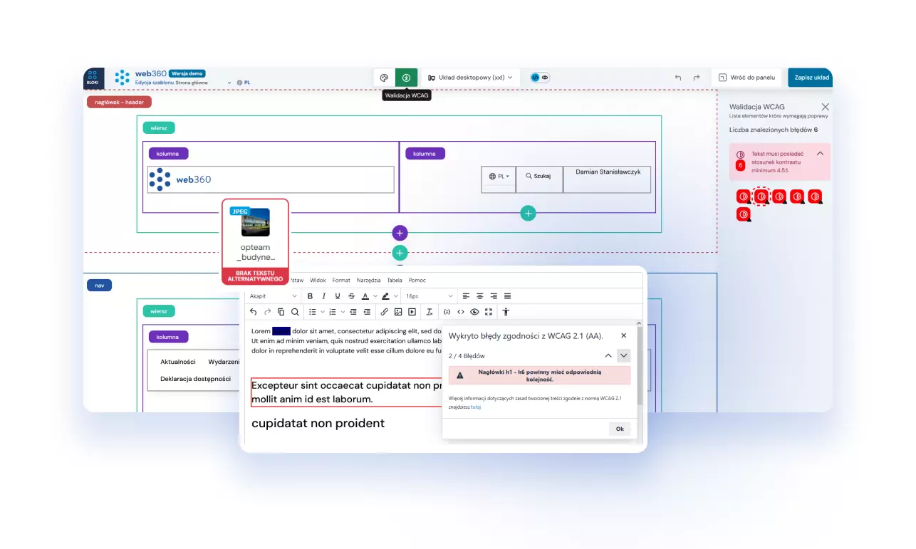 widok walidatorów WCAG w systemie web360