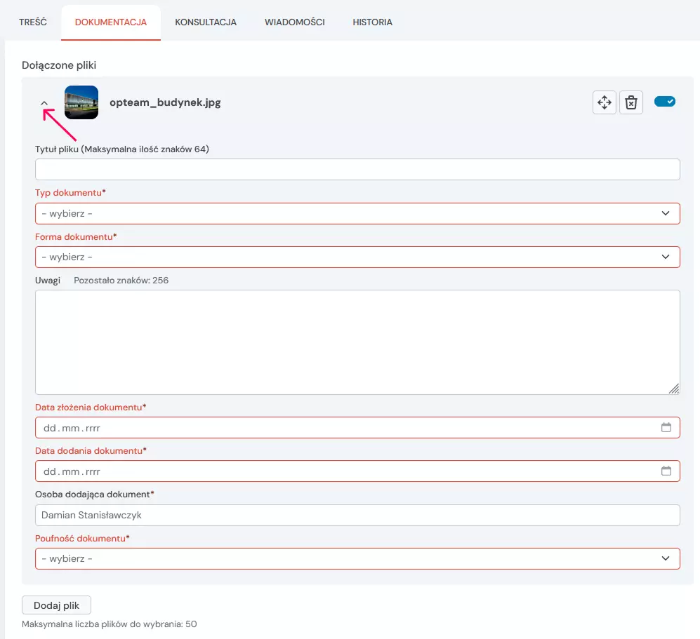 edycja wniosku - zakładka dokumentacja