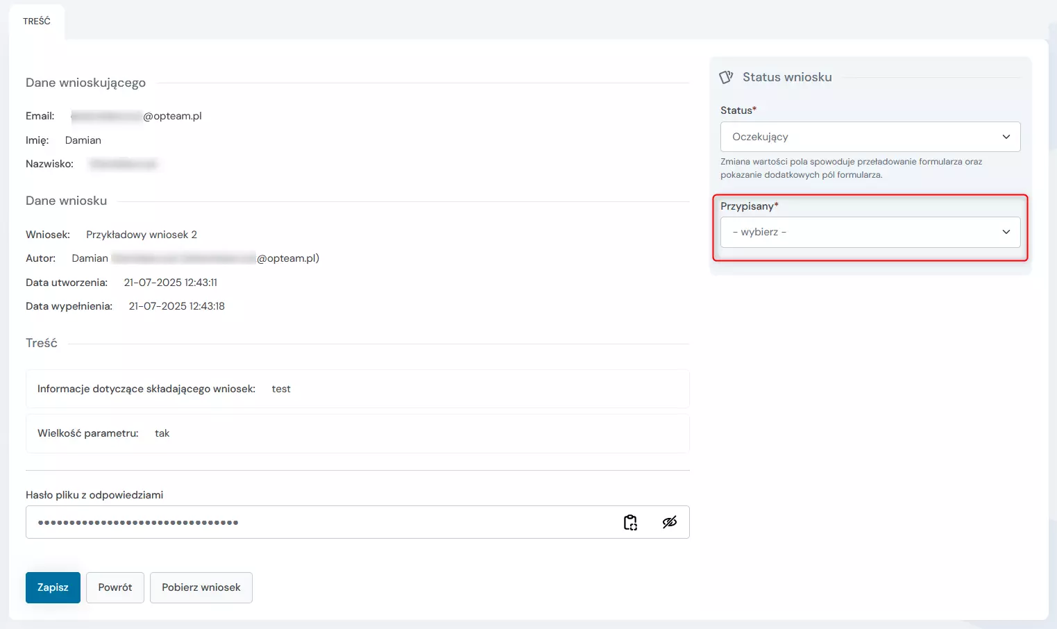 edycja wniosku - przypisanie użytkownika do obsługi