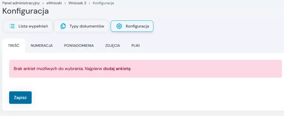 komunikat braku zdefiniowanej ankiety