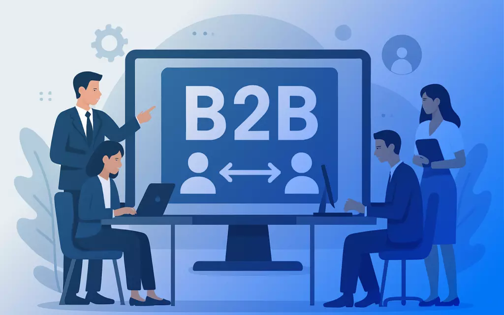 ilustracja ludzi przy komputerze z napisem b2b