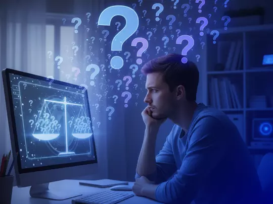 mężczyzna siedzący przy komputerze dookoła znaki zapytania
