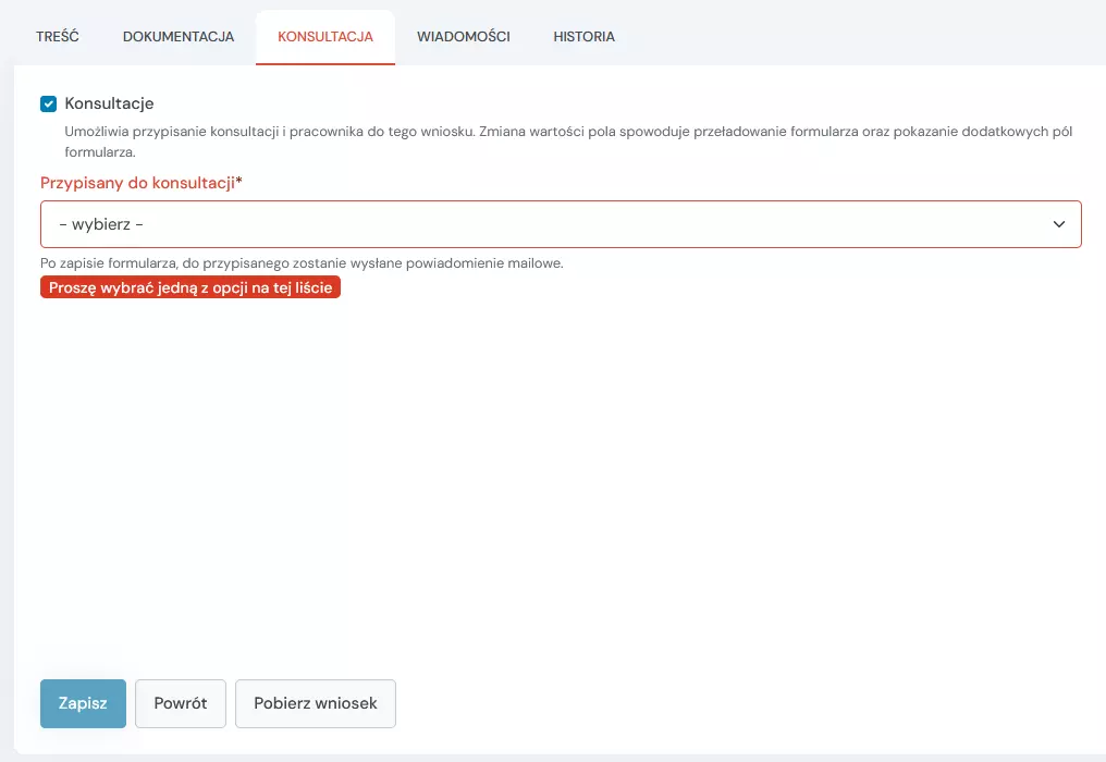 edycja wniosku zakładka konsultacja
