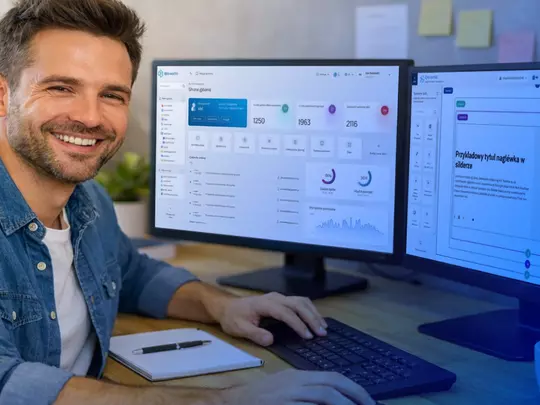 uśmiechnięty projektant przy monitorach na których widać panel systemu CMS