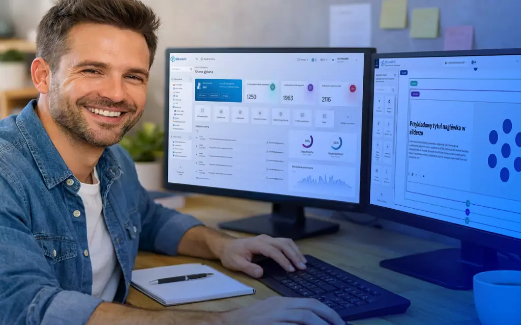 uśmiechnięty projektant przy monitorach na których widać panel systemu CMS