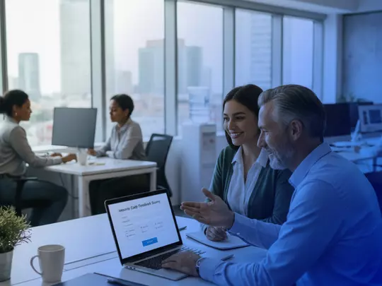 Mężczyzna tłumaczący kobiecie przy komputerze