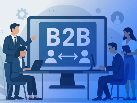 ilustracja ludzi przy komputerze z napisem b2b