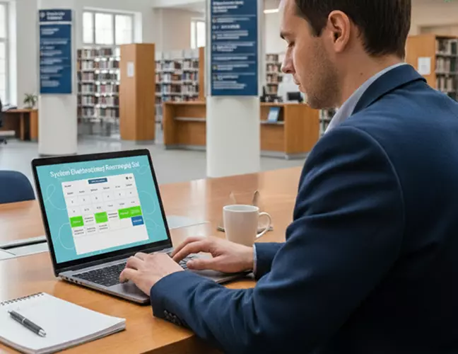 Mężczyzna pracujący na laptopie z napisem System Elektronicznej Rezerwacji Sal