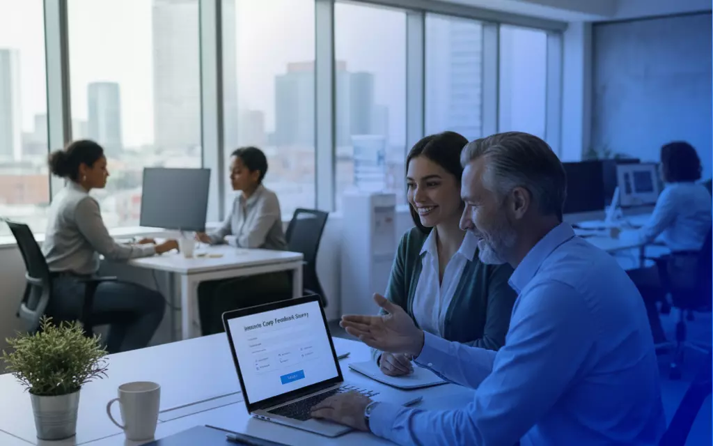 Mężczyzna tłumaczący kobiecie przy komputerze