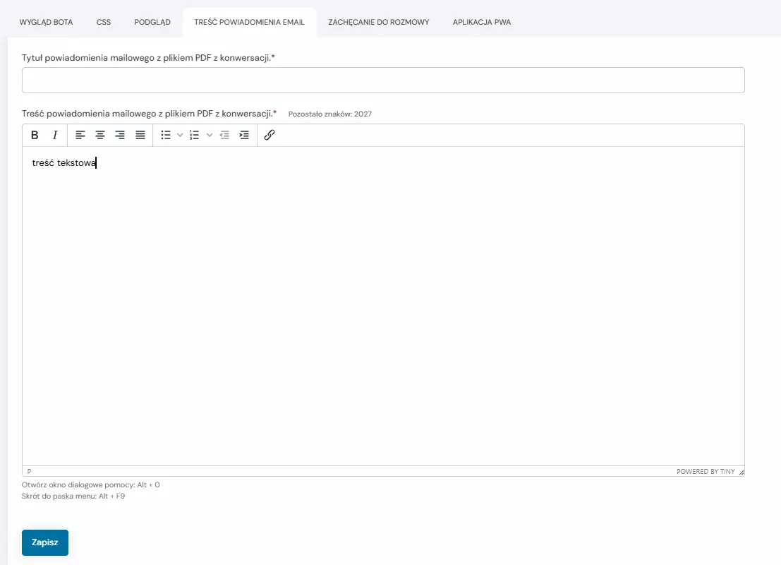 treść powiadomienia email