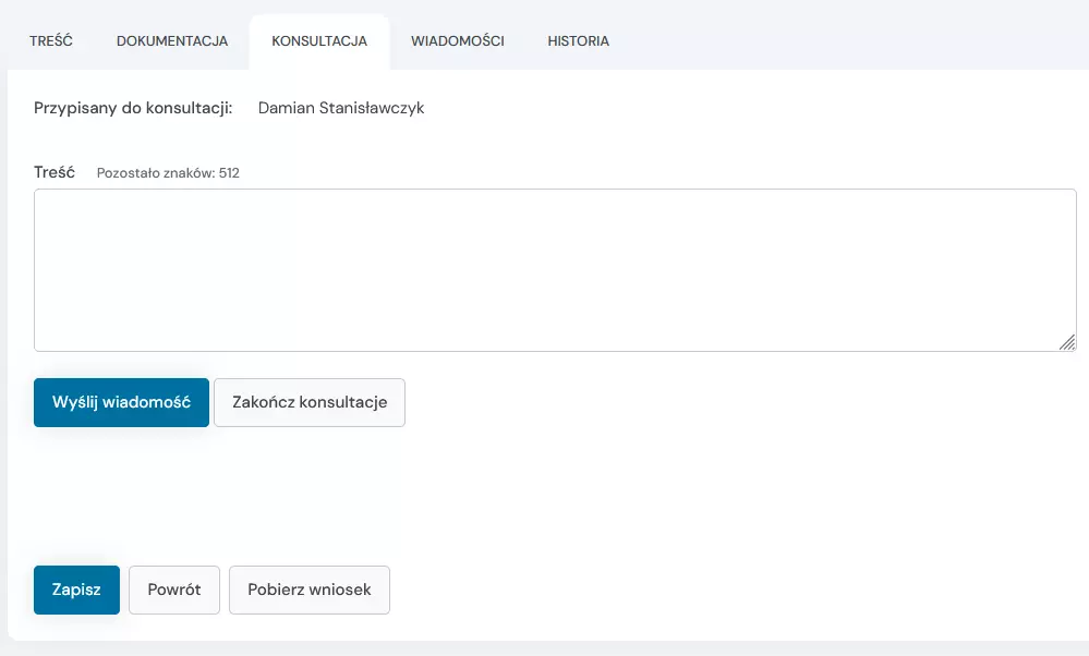 konsultacja wniosku - pole na wpisanie wiadomości