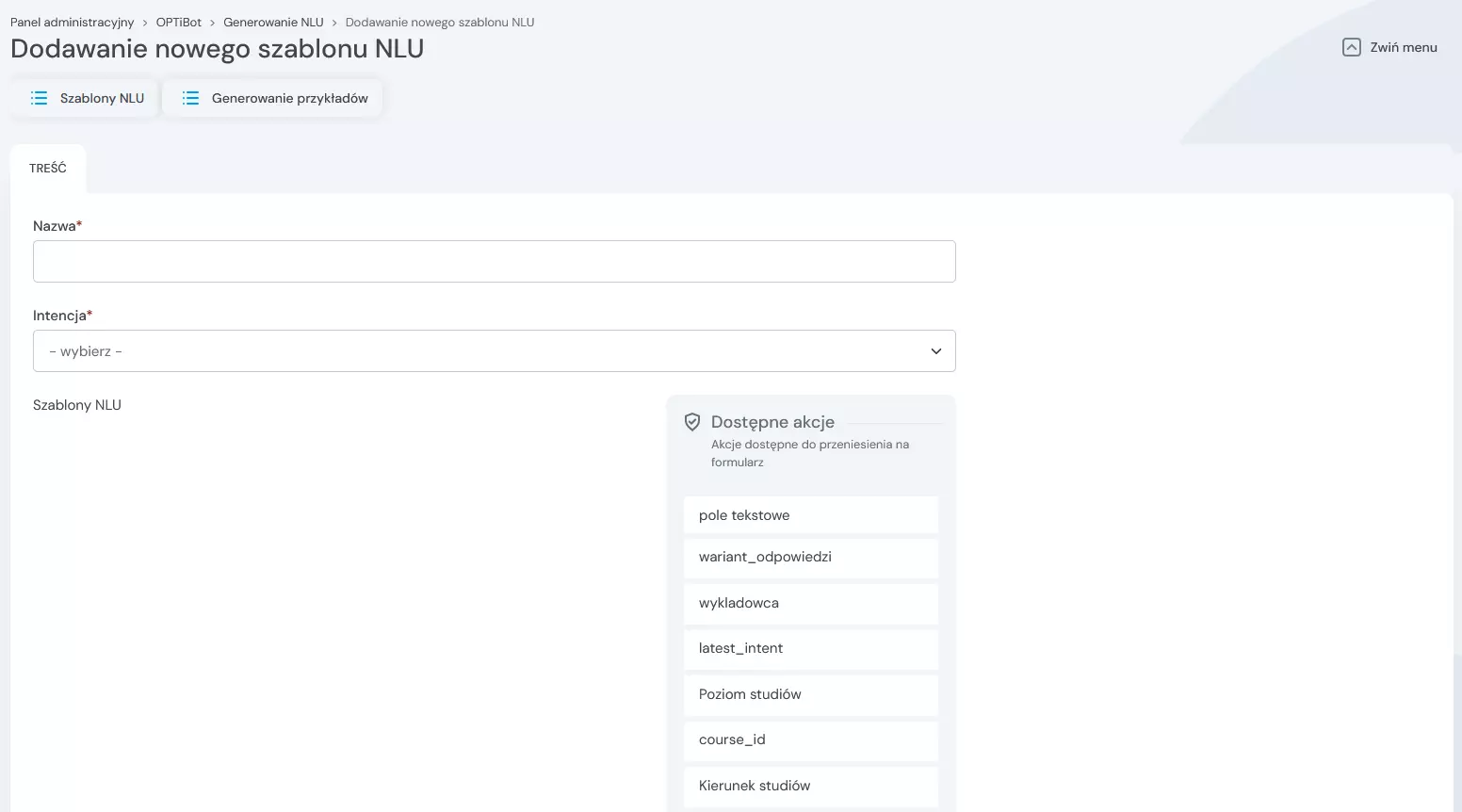 formularz dodawania szablonu nlu