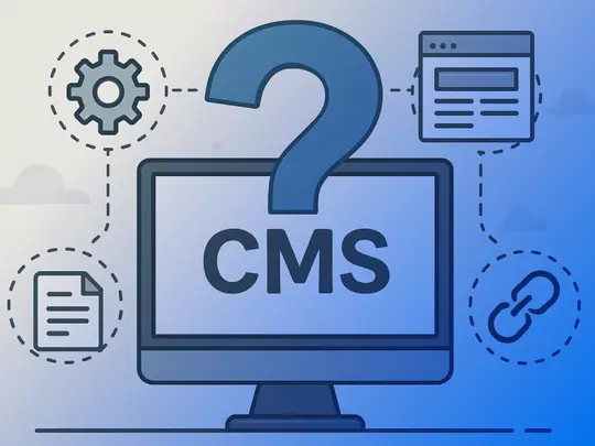 Infografika z monitorem i znakiem zapytania oraz napisem CMS