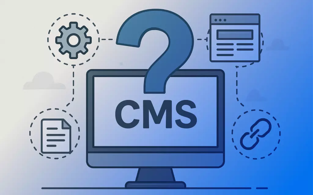 Infografika z monitorem i znakiem zapytania oraz napisem CMS