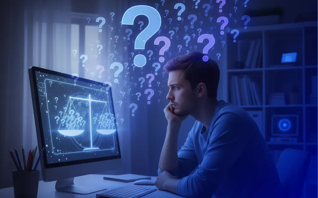 mężczyzna siedzący przy komputerze dookoła znaki zapytania