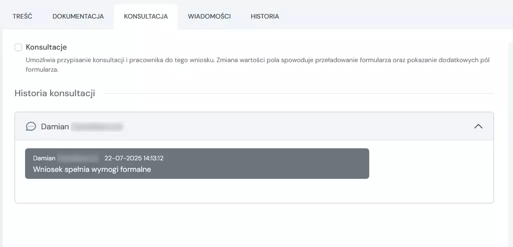 widok historii konsultacji