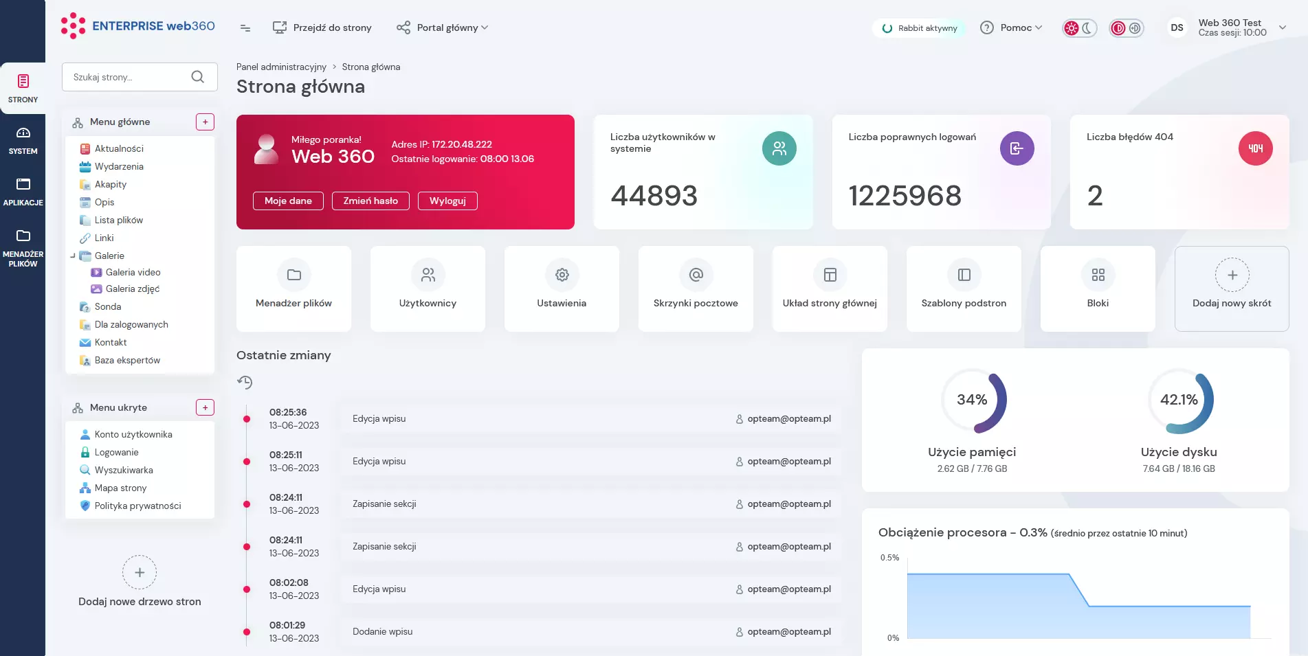 CMS - widok panelu administracyjnego enterprise web360